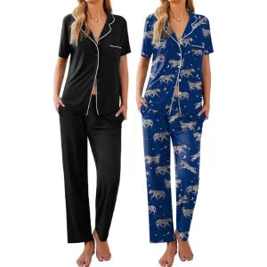 imageEkouaer 2 PackWomens Pajamas Short Sleeve Pjs Notch Collar Button Up Loungewear Cozy Sleepwear SetsZebrablack