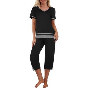 imageEkouaer Capri Pajama Sets for Women Short Sleeve Tops Sleepwear Sleep Sets Pjs Sets Soft Two Piece Loungewear SetsBlack