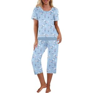 imageEkouaer Capri Pajama Sets for Women Short Sleeve Tops Sleepwear Sleep Sets Pjs Sets Soft Two Piece Loungewear SetsBlue Floral