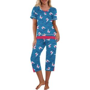 imageEkouaer Capri Pajama Sets for Women Short Sleeve Tops Sleepwear Sleep Sets Pjs Sets Soft Two Piece Loungewear SetsBlue Sheep