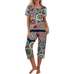 imageEkouaer Capri Pajama Sets for Women Short Sleeve Tops Sleepwear Sleep Sets Pjs Sets Soft Two Piece Loungewear SetsBohemian