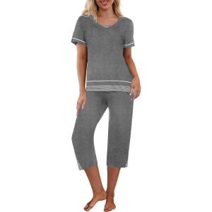 imageEkouaer Capri Pajama Sets for Women Short Sleeve Tops Sleepwear Sleep Sets Pjs Sets Soft Two Piece Loungewear SetsGrey
