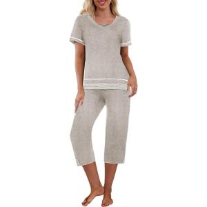 imageEkouaer Capri Pajama Sets for Women Short Sleeve Tops Sleepwear Sleep Sets Pjs Sets Soft Two Piece Loungewear SetsLight Grey