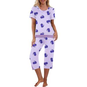 imageEkouaer Capri Pajama Sets for Women Short Sleeve Tops Sleepwear Sleep Sets Pjs Sets Soft Two Piece Loungewear SetsPurple Dinosaur