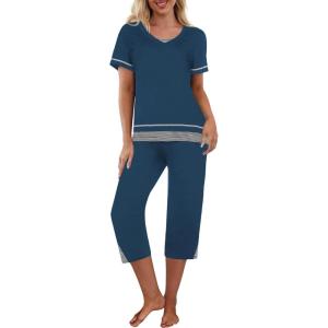 imageEkouaer Capri Pajama Sets for Women Short Sleeve Tops Sleepwear Sleep Sets Pjs Sets Soft Two Piece Loungewear SetsSteelblue