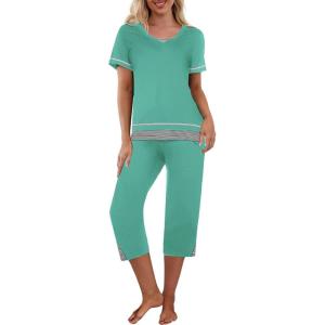 imageEkouaer Capri Pajama Sets for Women Short Sleeve Tops Sleepwear Sleep Sets Pjs Sets Soft Two Piece Loungewear SetsTurquoise