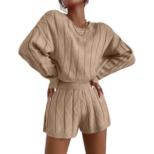 imageEkouaer Knit Lounge Sets for Women 2 Piece Cozy Long Sleeve Pullover Sweater Top and Shorts Set Sweatsuit OutfitsKhaki