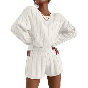 imageEkouaer Knit Lounge Sets for Women 2 Piece Cozy Long Sleeve Pullover Sweater Top and Shorts Set Sweatsuit OutfitsWhite