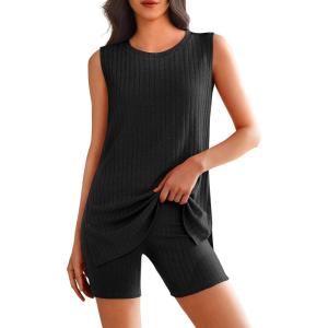 imageEkouaer Womens 2 Piece Lounge Set Ribbed Knit Pajamas Sleeveless Sleepwear Biker Shorts Loungewear Outfit SXXLBlack