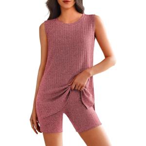 imageEkouaer Womens 2 Piece Lounge Set Ribbed Knit Pajamas Sleeveless Sleepwear Biker Shorts Loungewear Outfit SXXLWine Red