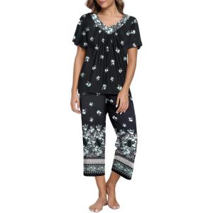 imageEkouaer Womens Capri Pajama Set Short Sleeve Top and Pants 2 Piece Sleepwear Floral Print Ladies Pjs SetsBlack White Flower