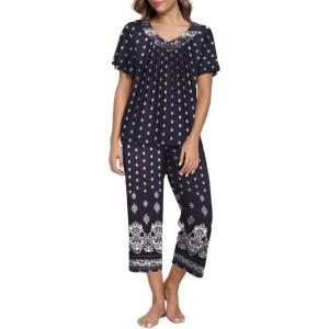 imageEkouaer Womens Capri Pajama Set Short Sleeve Top and Pants 2 Piece Sleepwear Floral Print Ladies Pjs SetsBlack White Print