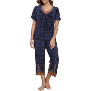 imageEkouaer Womens Capri Pajama Set Short Sleeve Top and Pants 2 Piece Sleepwear Floral Print Ladies Pjs SetsBlue Feather