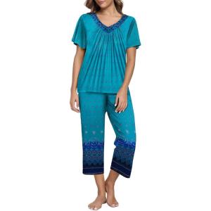 imageEkouaer Womens Capri Pajama Set Short Sleeve Top and Pants 2 Piece Sleepwear Floral Print Ladies Pjs SetsBlue Green