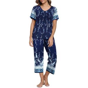 imageEkouaer Womens Capri Pajama Set Short Sleeve Top and Pants 2 Piece Sleepwear Floral Print Ladies Pjs SetsDeep Blue