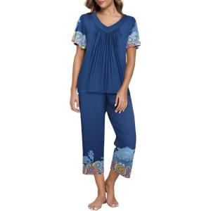 imageEkouaer Womens Capri Pajama Set Short Sleeve Top and Pants 2 Piece Sleepwear Floral Print Ladies Pjs SetsNavy Blue