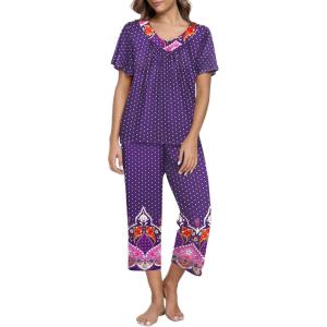 imageEkouaer Womens Capri Pajama Set Short Sleeve Top and Pants 2 Piece Sleepwear Floral Print Ladies Pjs SetsPurple