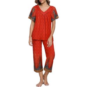 imageEkouaer Womens Capri Pajama Set Short Sleeve Top and Pants 2 Piece Sleepwear Floral Print Ladies Pjs SetsRed Feather
