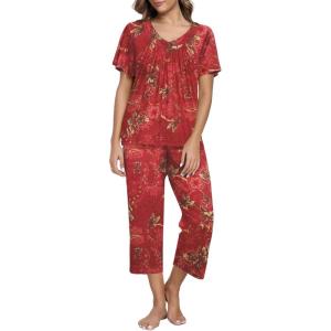 imageEkouaer Womens Capri Pajama Set Short Sleeve Top and Pants 2 Piece Sleepwear Floral Print Ladies Pjs SetsRed Flowers