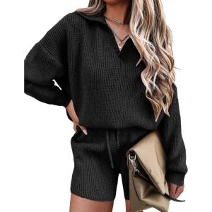 imageEkouaer Womens Pajama Set 2 Piece Knit Set Casual Lounge Set V Neck Pj Set Pullover and Shorts SweaterBlack