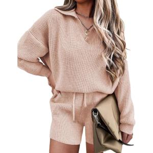 imageEkouaer Womens Pajama Set 2 Piece Knit Set Casual Lounge Set V Neck Pj Set Pullover and Shorts SweaterTan Color