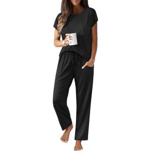 imageEkouaer Womens Pajama Sets Cap Sleeve Sleepwear Tops and Long Pants Comfy Pjs 2 Piece Lounge Set with Pockets SXXLBlack