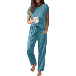 imageEkouaer Womens Pajama Sets Cap Sleeve Sleepwear Tops and Long Pants Comfy Pjs 2 Piece Lounge Set with Pockets SXXLBlue Green