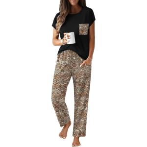 imageEkouaer Womens Pajama Sets Cap Sleeve Sleepwear Tops and Long Pants Comfy Pjs 2 Piece Lounge Set with Pockets SXXLBrown Leopard