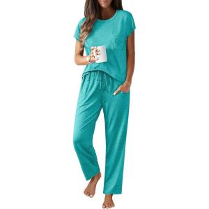 imageEkouaer Womens Pajama Sets Cap Sleeve Sleepwear Tops and Long Pants Comfy Pjs 2 Piece Lounge Set with Pockets SXXLCeramic Green