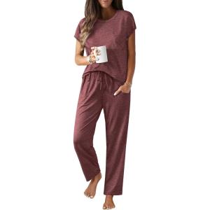 imageEkouaer Womens Pajama Sets Cap Sleeve Sleepwear Tops and Long Pants Comfy Pjs 2 Piece Lounge Set with Pockets SXXLDeep Red