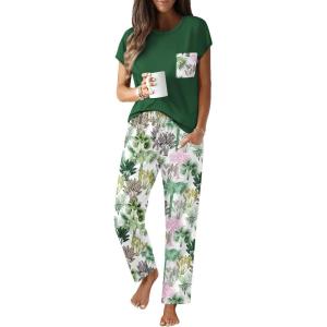 imageEkouaer Womens Pajama Sets Cap Sleeve Sleepwear Tops and Long Pants Comfy Pjs 2 Piece Lounge Set with Pockets SXXLGreen Hawaii Trees