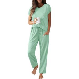 imageEkouaer Womens Pajama Sets Cap Sleeve Sleepwear Tops and Long Pants Comfy Pjs 2 Piece Lounge Set with Pockets SXXLLight Green