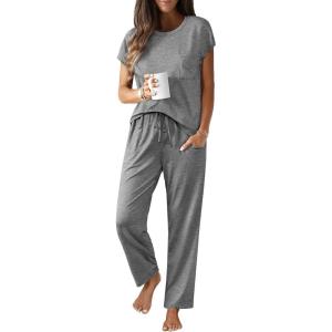 imageEkouaer Womens Pajama Sets Cap Sleeve Sleepwear Tops and Long Pants Comfy Pjs 2 Piece Lounge Set with Pockets SXXLLight Grey
