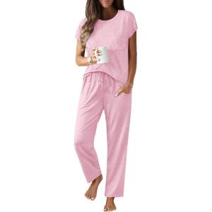 imageEkouaer Womens Pajama Sets Cap Sleeve Sleepwear Tops and Long Pants Comfy Pjs 2 Piece Lounge Set with Pockets SXXLLight Pink