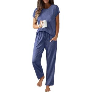 imageEkouaer Womens Pajama Sets Cap Sleeve Sleepwear Tops and Long Pants Comfy Pjs 2 Piece Lounge Set with Pockets SXXLNavy Blue