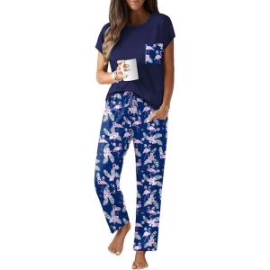imageEkouaer Womens Pajama Sets Cap Sleeve Sleepwear Tops and Long Pants Comfy Pjs 2 Piece Lounge Set with Pockets SXXLNavy Blue Flamingo
