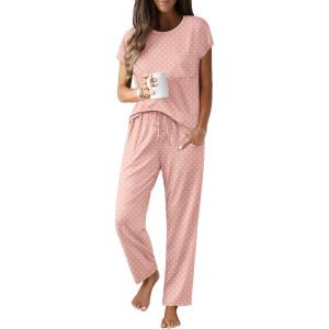 imageEkouaer Womens Pajama Sets Cap Sleeve Sleepwear Tops and Long Pants Comfy Pjs 2 Piece Lounge Set with Pockets SXXLPink Dots