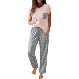 imageEkouaer Womens Pajama Sets Cap Sleeve Sleepwear Tops and Long Pants Comfy Pjs 2 Piece Lounge Set with Pockets SXXLPink Grey Star