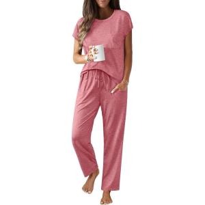 imageEkouaer Womens Pajama Sets Cap Sleeve Sleepwear Tops and Long Pants Comfy Pjs 2 Piece Lounge Set with Pockets SXXLPurple Red