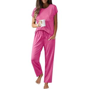 imageEkouaer Womens Pajama Sets Cap Sleeve Sleepwear Tops and Long Pants Comfy Pjs 2 Piece Lounge Set with Pockets SXXLRose Red