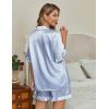 imageEkouaer Womens Satin Pajamas Cute Ruffle Sleeve Printed Sleepwear Button Down Silk Pjs SetBlue Gray Stripes