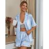 imageEkouaer Womens Satin Pajamas Cute Ruffle Sleeve Printed Sleepwear Button Down Silk Pjs SetBlue White Stripes
