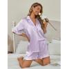 imageEkouaer Womens Satin Pajamas Cute Ruffle Sleeve Printed Sleepwear Button Down Silk Pjs SetPurple White Stripes