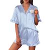 imageEkouaer Womens Satin Pajamas Cute Ruffle Sleeve Printed Sleepwear Button Down Silk Pjs SetBlue Gray Stripes