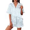 imageEkouaer Womens Satin Pajamas Cute Ruffle Sleeve Printed Sleepwear Button Down Silk Pjs SetLight Blue Leopard