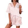imageEkouaer Womens Satin Pajamas Cute Ruffle Sleeve Printed Sleepwear Button Down Silk Pjs SetLight Pink Leopard