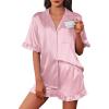 imageEkouaer Womens Satin Pajamas Cute Ruffle Sleeve Printed Sleepwear Button Down Silk Pjs SetPink White Stripes