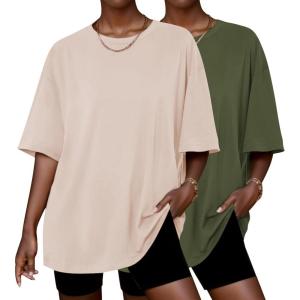 imageEkouaer 2 Pack Womens Pajama Tops Short Sleeve Oversized T Shirts Summer Spring Tops 2025 Basic Casual Tee Top SXXLArmy GreenBeige