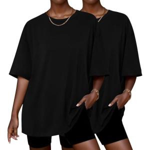 imageEkouaer 2 Pack Womens Pajama Tops Short Sleeve Oversized T Shirts Summer Spring Tops 2025 Basic Casual Tee Top SXXLBlackBlack