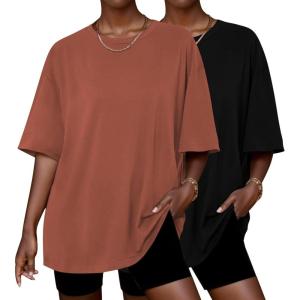 imageEkouaer 2 Pack Womens Pajama Tops Short Sleeve Oversized T Shirts Summer Spring Tops 2025 Basic Casual Tee Top SXXLBlackCamel